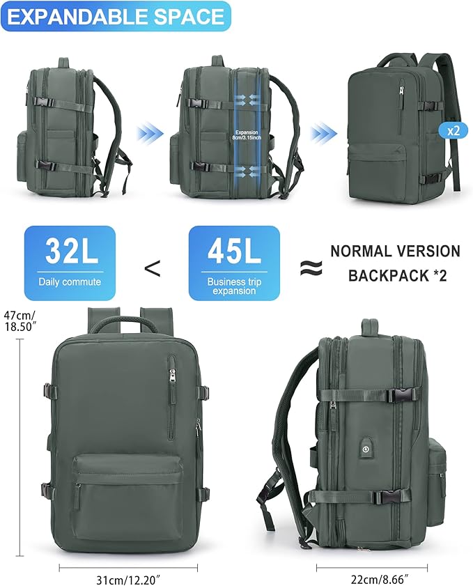 VGCUB Large Travel Backpack Bag for Women Men,Carry on Backpack,17 Inch Laptop Business Work Waterproof Backpack with Laptop Compartment,Person Item Flight Approved,Mochila de Viaje,Green Expandable