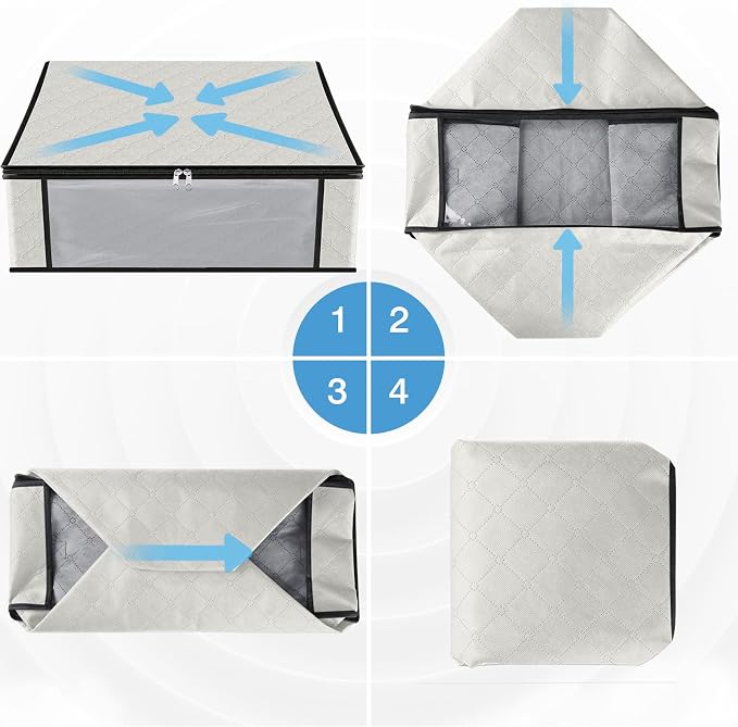 HomeHacks 10-Pack Clothes Organizer Storage Bags, 35L Storage Bins, White | Foldable Storage Box Container with Zippers, Clear Window, Reinforced Handles for Closet, Dorm, Pillows, Bedding, Sweater