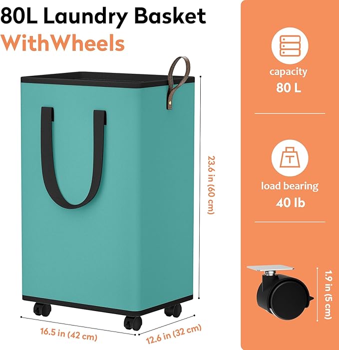 Laundry Basket with Wheels, Collapsible Laundry Baskets, Laundry Hamper with Handles Detachable Wheels, Rolling Laundry Basket, Dirty Clothes Hamper for Bathroom, Dorm, Bedroom, Green, 80L
