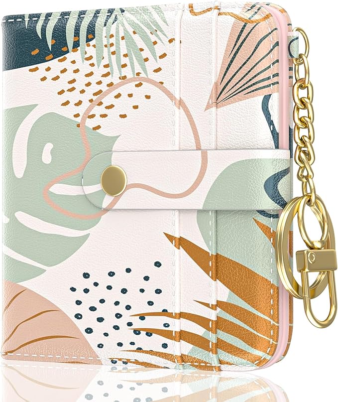 Aiawoxc Womens Wallet, RFID Small Wallets for Women, Slim Compact Credit Card Holder, Cute Leather Bifold Ladies Purse with Zipper Coin Pocket and ID Window, Boho Leaves