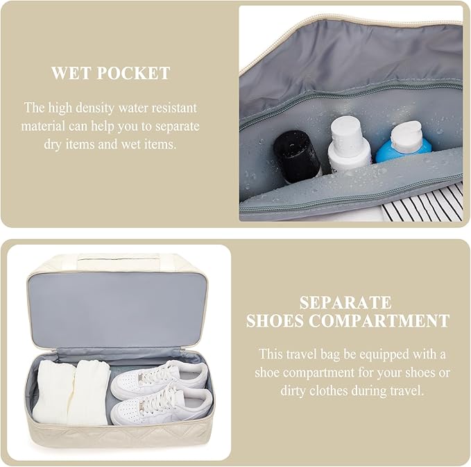 Weekender Bags for Women,Personal Item Travel Bag with Shoes Compartment,Overnight Travel Duffel Bag with Toiletry Bag,Quilted Beige