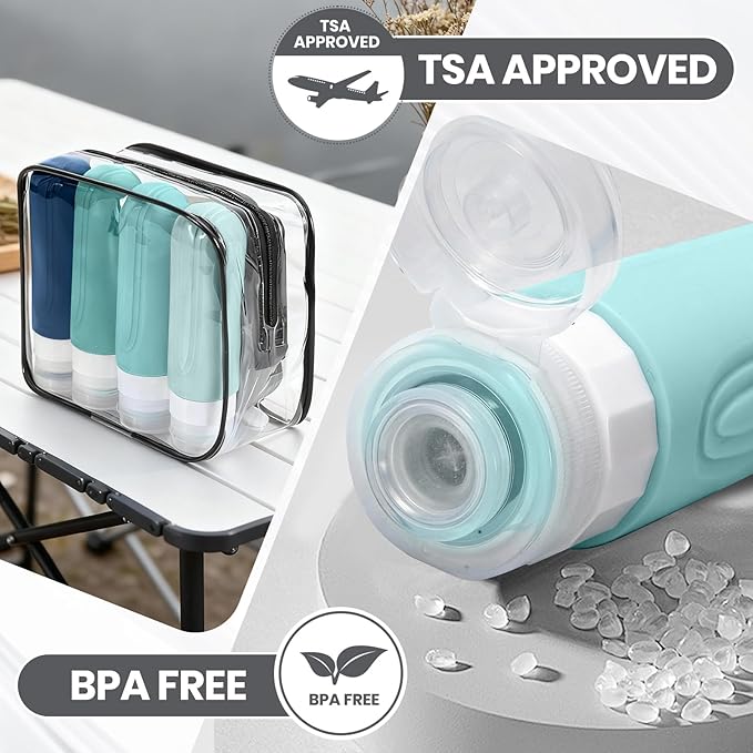 Travel Bottles for Toiletries 8 Pack, TSA Approved Travel Size Toiletries Containers Set, 4 Silicone Leak Proof Refillable Bottles and 4 Creams Jars Accessories Kit W/Clear Bag (GREEN)