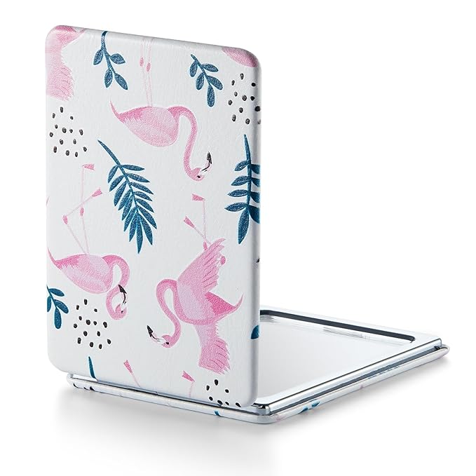 OMIRO Compact Mirror, Unique Painting PU Leather 1X/3X Magnification, Ultra Portable for Purses, 2.4" W x 3.4" L (Pink Flamingos)