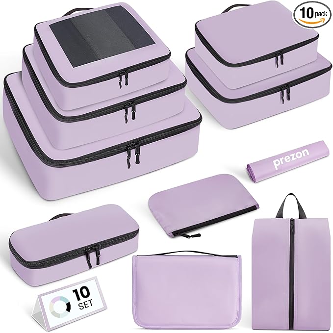 Mesh Packing Cubes for Travel, Durable Luggage Organizer with Sturdy Material and Double Zippers, Comprehensive Set for Travel Accessories Storage, 10 set, purple