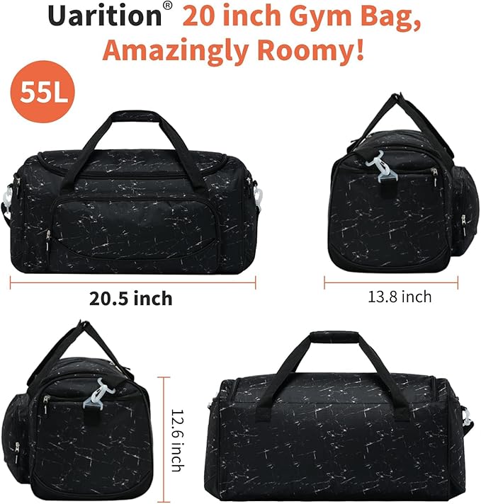 Men's Large Duffle Bag, 55L Heavy Duty Gym Bag for Sports, Workout, and Travel - Durable Duffel Gear Bag in Marble Black
