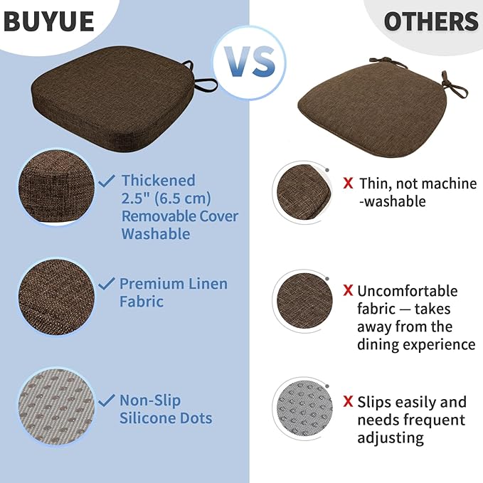 BUYUE Thickened 2.5" Dining Chair Cushions Set of 6, U-Shape High Density Foam Comfortable Chair Pads for Kitchen, Slip Resistant Indoor Seat Cushions (6 PCS, Chocolate)
