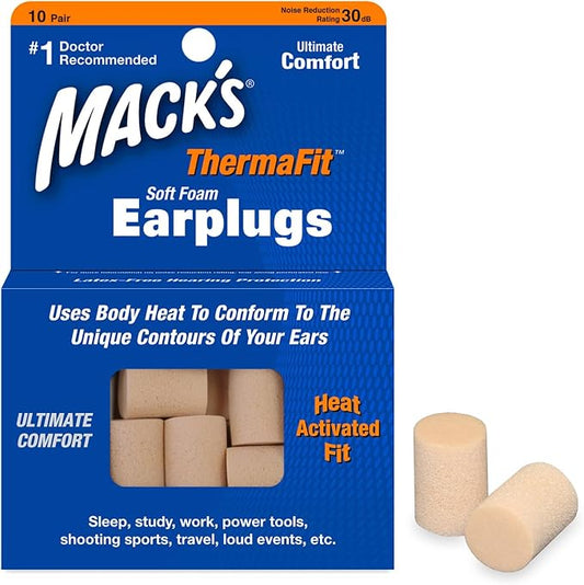 Mack’s ThermaFit Soft Foam Earplugs, 10 Pair - Comfortable Ear Plugs for Sleeping, Snoring, Work, Travel & Loud Events | Made in USA | Newly Upgraded and Improved