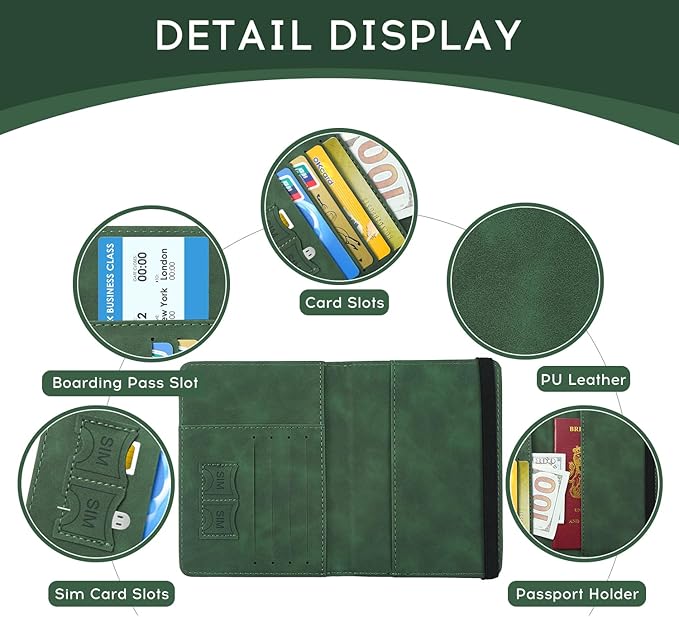 ILIYAH-Passport Cover-Passport Holder Travel Wallet-RFID Blocking Passport Case Travel Accessories Card Holder Wallet Unisex Travel Gifts (Green)