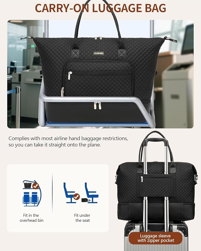 Weekender Bags for Women, Travel Duffle Bag Carry On Overnight Bag with Cosmetics Bag and Crossbody Purse for Gym Hospital, Gifts for Women, Black