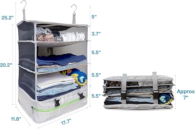 Grand Fusion Stow-N-Go Packing Organizer for Luggage, Portable Hanging Travel Shelves, Carry-On Closet, Hanging Packing Cubes, Collapsible Carry-On Organizer for Cruises & Hotels. Light Gray - XL