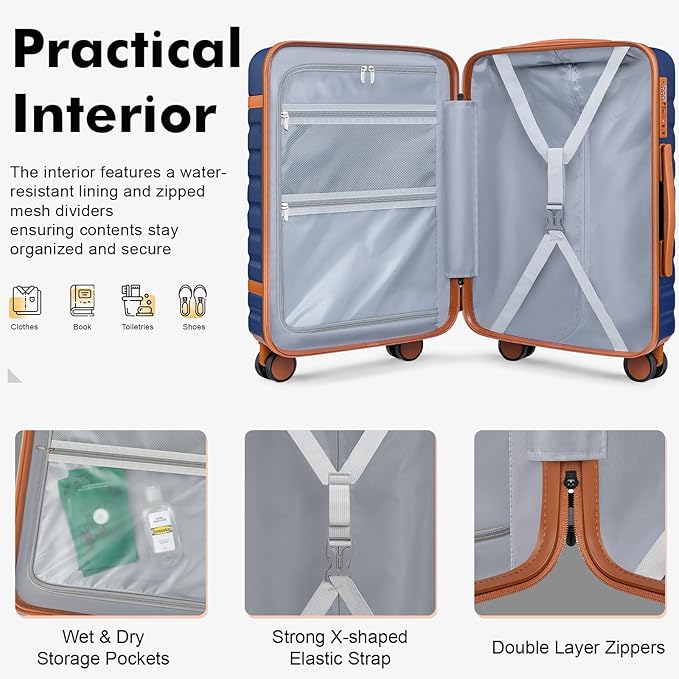 Luggage Sets 3 Piece with Spinner Wheels, Lightweight PC Hardside Suitcase with TSA Lock & YKK Zippers, 20 Inch Carry On Luggage with Travel Bag for Men and Women, Blue