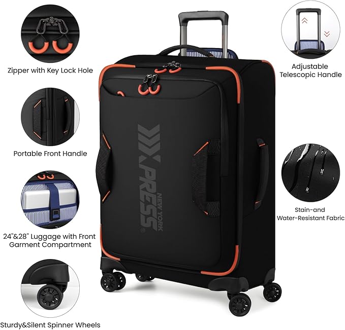 22" Luggage, Softside Suitcase w/Double Spinner Wheels, Waterproof,Lightweight Rolling Suitcases for Men/Women（Black,22in）