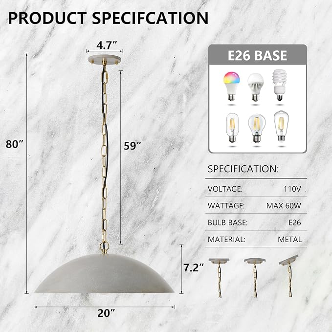 20" Kitchen Pendant Lighting Over Island, Cement Gray Modern Large Pendant Light, Adjustable Hanging Ceiling Light for Kitchen Living Room Dining Room Bedroom Café