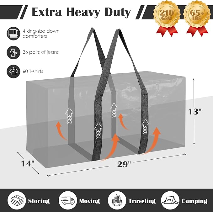 6 Pack Extra Large Heavy Duty Moving Bags with Reinforced Zipper & Wide Handles, Moisture-Resistant Storage Bins Packing Cubes for Clothes, College Dorm, Travel, and Home Organization, Black