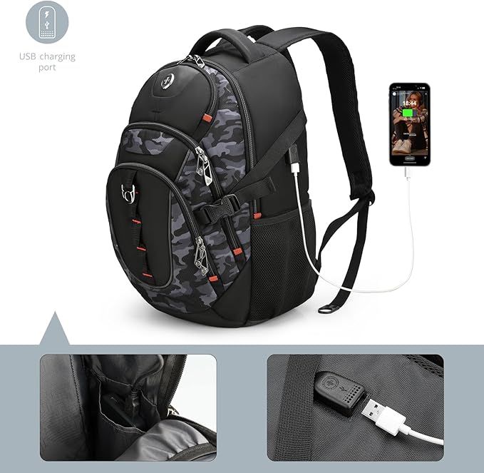 Swissdigital Design Laptop Backpack with USB Charging Port, Travel Backpack Fits 15.6 inches Computer, 31L College School Backpack for Men, Gray Camo | SD803-91