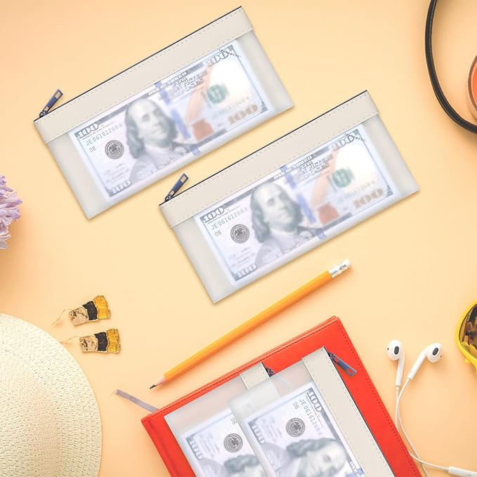 4 Pieces Money Bags With Zipper, Cash Envelopes,7.6 x 3.7 inch Money Pouch, Clear Bank Deposit Bags, Bank Bag, Cash Bag, Coin Bag for Collectors, Multi-Purpose Check Wallet （White）