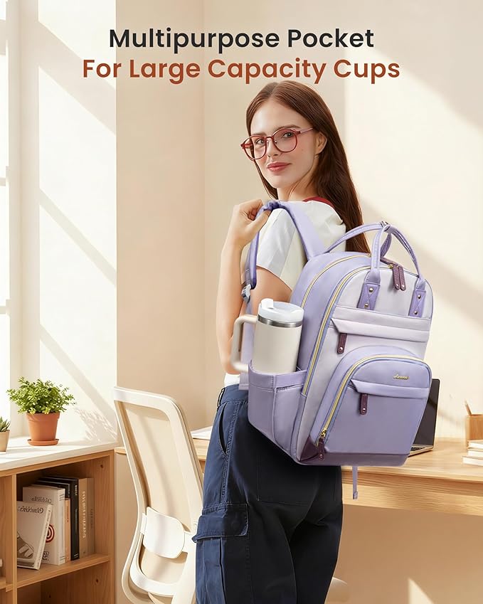 LOVEVOOK Laptop Backpack for Women with Giant Tumbler Holder,15.6 inch School College Book Bag Nurse Teacher Backpack,Work Travel Backpack Purse Laptop Computer Bag, Taro purple-Light purple-Purple