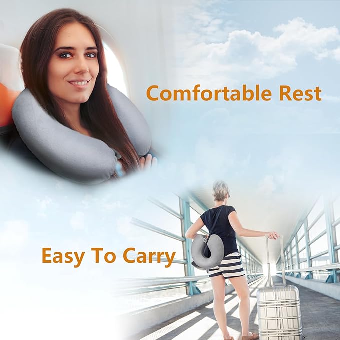 Travel Pillow, Memory Foam Neck Pillow for Traveling Winter Summer, U Shape Neck Pillow Airplane Portable Flight Pillow Adult Travel Neck Pillow for Plane Train Car Home Office - Grey