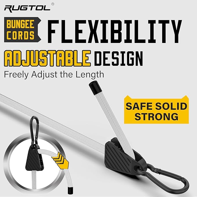 Bungee Cords with Hooks, 48 Inch Adjustable White Bungee Cords with Carabiner Heavy Duty Outdoor, 8mm Thick Easy to Adjust Bungee Rope UV Resistant for Truck Bed, Bike Rack, Camping, 6 Pack