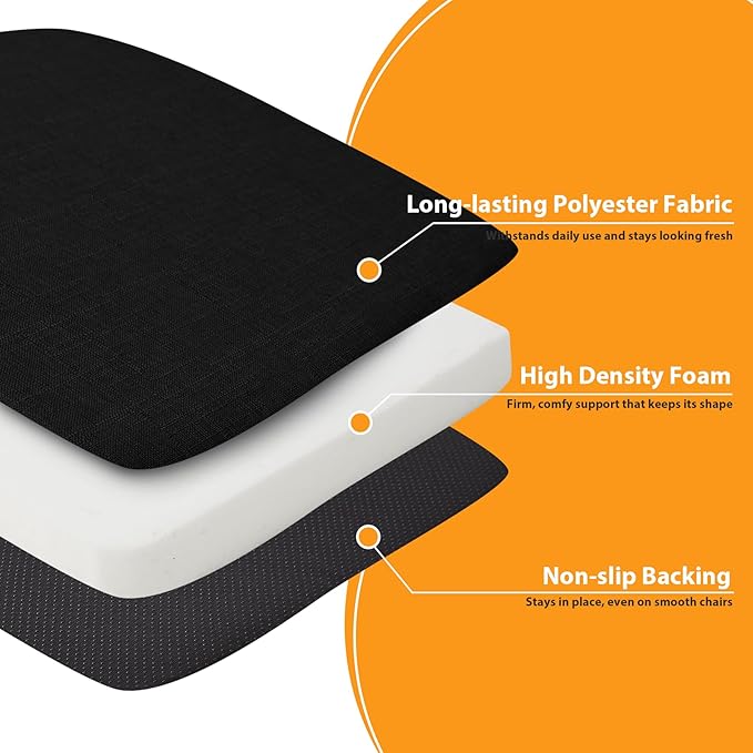 Chair Cushions for Dining Chairs, 2" Thick Seat Cushions for Kitchen Chairs, D-Shaped Chair Pads with Washable Cover, Ties and Non Slip Backing, 17'' x 16'', Set of 4, Black