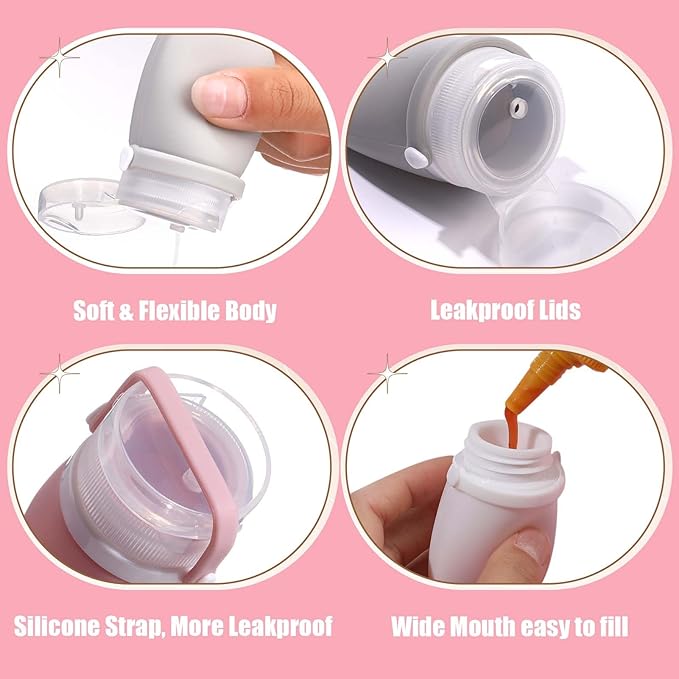 2 oz Silicone Travel Bottles, Leakproof Squeeze Bottle Mini Travel Size Container for Toiletries Lotion Shampoo and Conditioner Liquid Salad Dressing to go Condiment, TSA Approved, 4 Pack