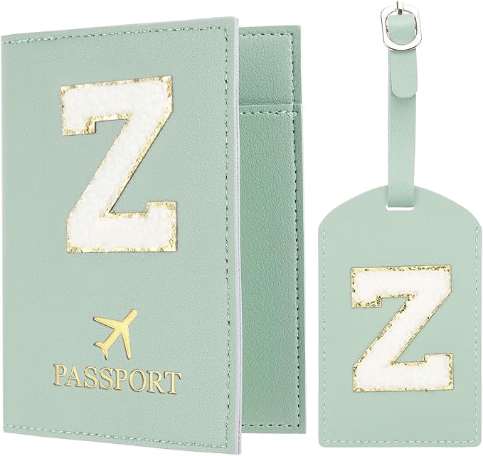 PATIKIL Passport Holder for Travel, Initial Passport Cover and Luggage Tag Set with Alphabet Chenille Letter Patch Travel Wallet Bag Suitcase Identifier for Women Family Travel Green Z