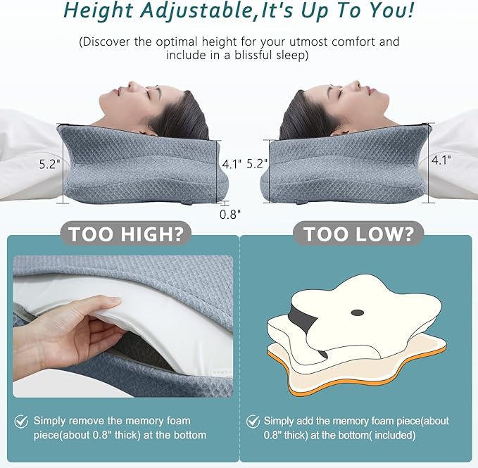 Cervical Neck Pillow for Pain Relief Sleeping, Memory Foam Pillows, Ergonomic Side Sleeper Pillows, Cooling Orthopedic Neck Support Pillow for Back Stomach Sleepers-Queen Size Black&Grey