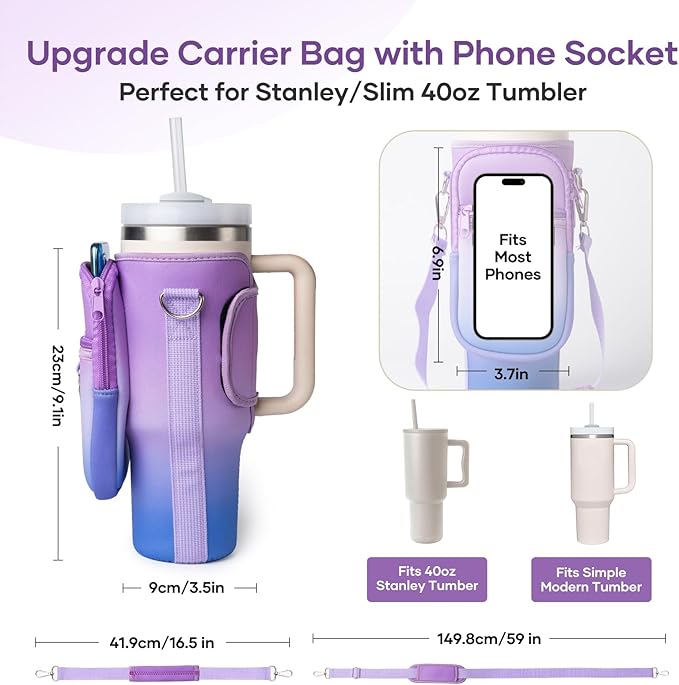 linmaya Water Bottle Carrier Bag for Stanley Cup 40/30oz with Phone Holder Pockets,Neoprene Water Bottle Cross-body Bag with Adjustable Shoulder & Hand Strap Stanley Cup Accessories