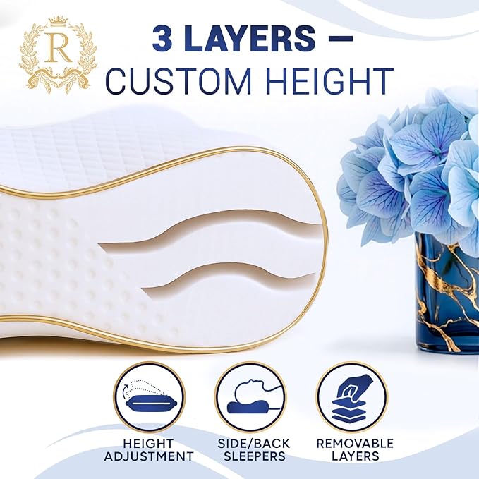 Royal Therapy Travel Memory Foam Pillow 2-Pack, Neck Pillow Bamboo Adjustable Side Sleeper Pillow