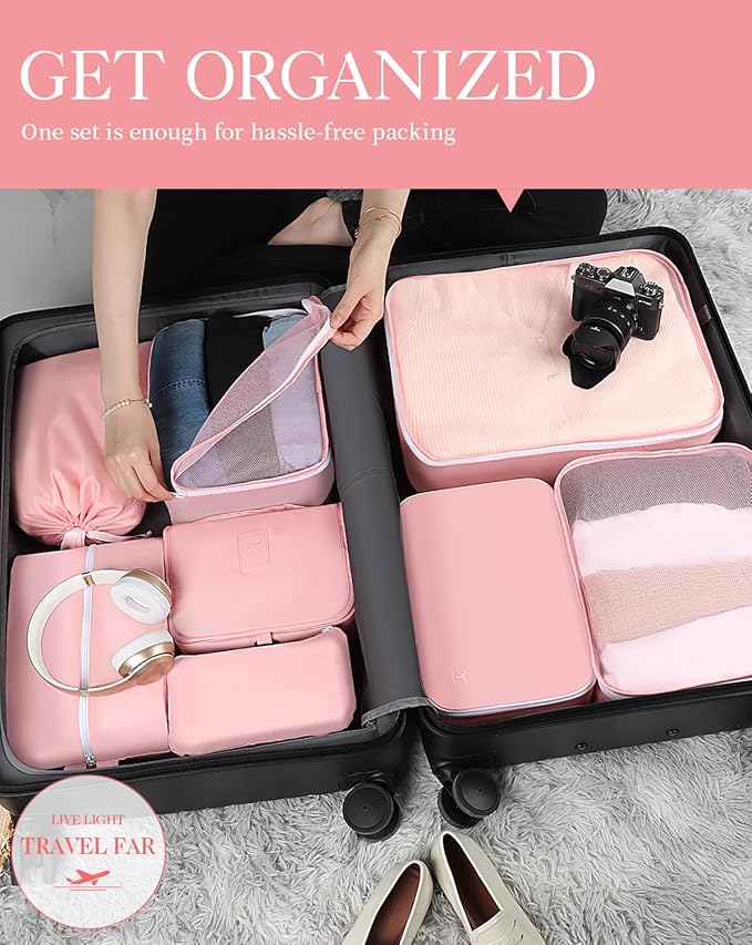 HOTOR Packing Cubes for Suitcases - 8 Pieces, Light Packing Cubes for Travel, Premium Suitcase Organizer Bags Set, Space-Saving Luggage Organizers, Travel Accessories and Essentials, Pink