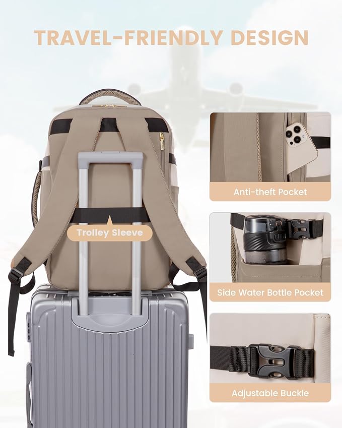 LOVEVOOK Travel Backpack for Women, TSA Carry On Backpack Flight Approved Luggage, 40L Water Resistant Personal Item Daypack Large Weekender Bag fit 17 inch Laptop with 3 Cubes, Beige-khaki-black