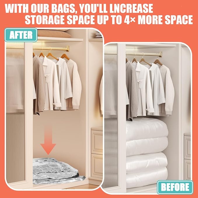 Vacuum Storage Bags, Space Saver Bags, Compression for Comforters and Blankets, Sealer Clothes Storage with Hand Pump. (6× Medium)
