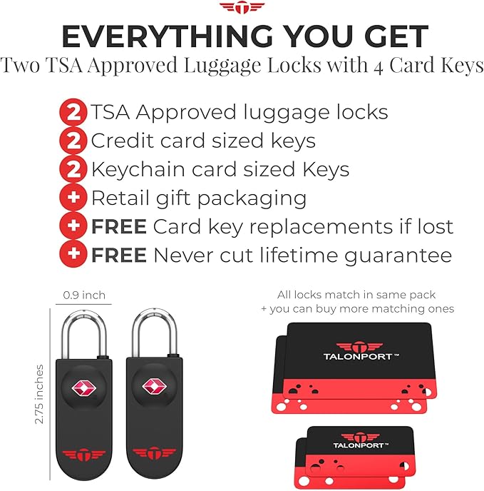 TSA Locks for Luggage – Keyless Luggage Locks TSA Approved, No Combination Needed, Lifetime Card Keys, Durable Metal Suitcase Lock for Travel Essentials & Checked Bags (Black, Two Pack)