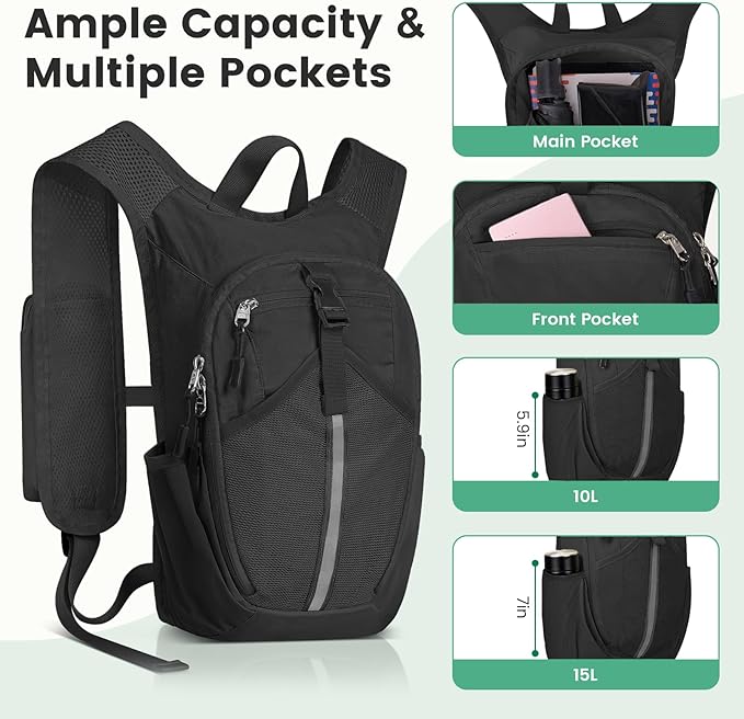 Small Hiking Backpack 10L-Lightweight Packable Foldable Backpack for Travel Camping Outdoor Commute,Compact Rucksack for Women Men(Black)