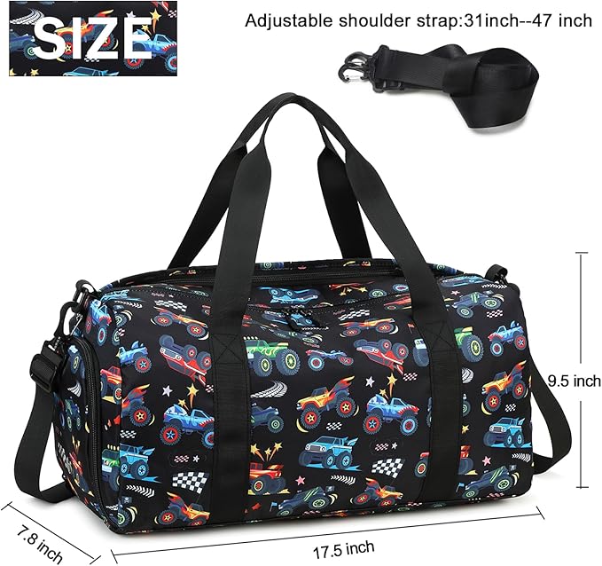 BTOOP Kids Overnight Bag for Boys Small Soccer Sports Gym Bags Duffle Tote With Shoe Compartment Toddler Weekender Sleepover Bags for Travel (Truck-Black)