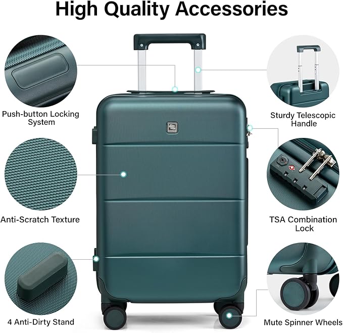 Hanke 3 Piece Luggage Sets with Spinner Wheels, Carry On Luggage Lightweight PC Hard Shell Suitcases Travel TSA Luggage Rolling Checked Bag 20/24/28 Inch Luggage(Blackish Green)