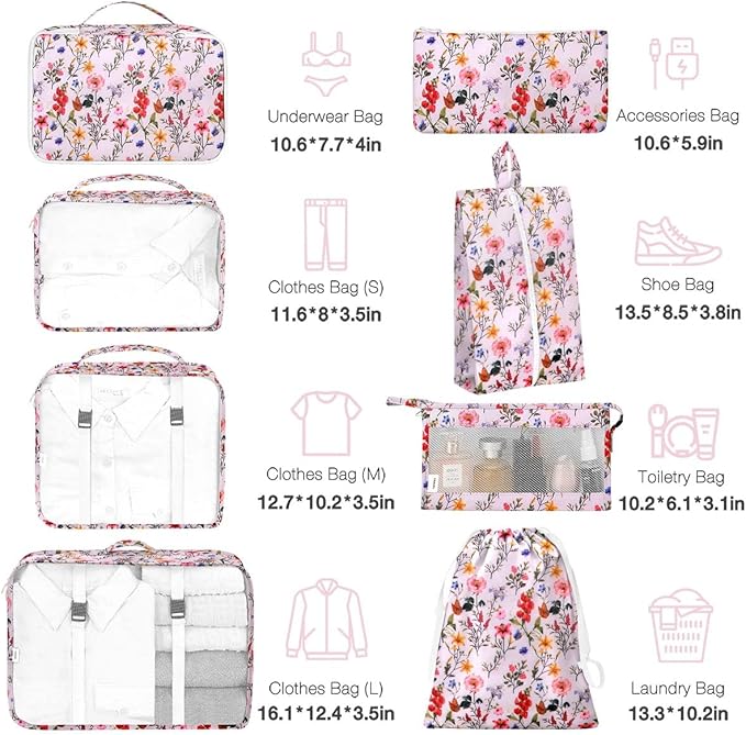 8 Set Packing Cubes for Suitcases, Packing Cube with Shoe, Cosmetics, Clothing, and Accessories Bags for Travel Luggage Organizer Women Men(Retro Flowers)