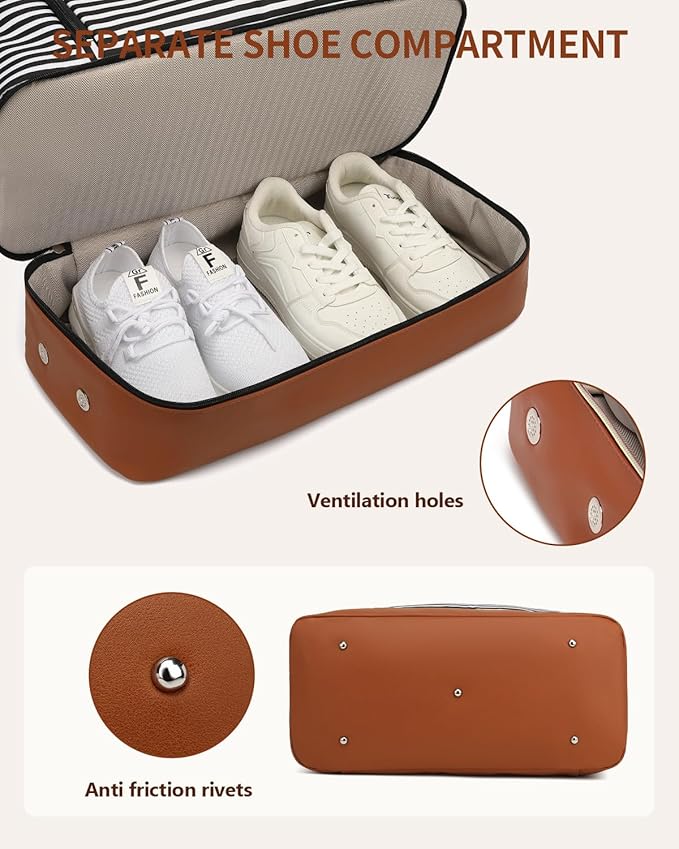 Duffle Bag for Women Travel, Weekender Bag Overnight Bag with Shoe Compartment, Carry on Bag with Crossbody Purse for Over Night, Weekend, Yoga, Gym, Business Trips, Hospital, Black Strip