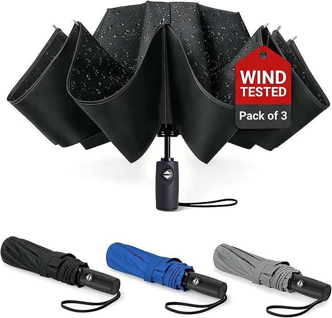 Liberty Imports 3 Pack Windproof Travel Rain Umbrellas - Compact, Light, Automatic, Strong and Portable - for Men and Women