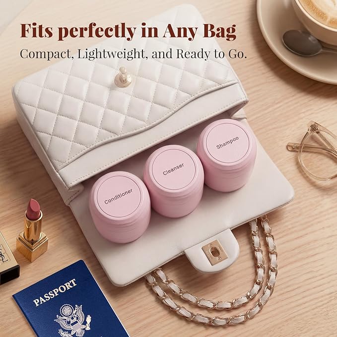 New Travel Toiletry Containers [Ultra Leakproof] TSA-Approved, PLA Hard Shell Jars with 5 Magnetic Labels, Wide Mouth Bottles for Lotion, Cleanser, Shampoo, Conditioner, Pink, 3 Pack, 2OZ