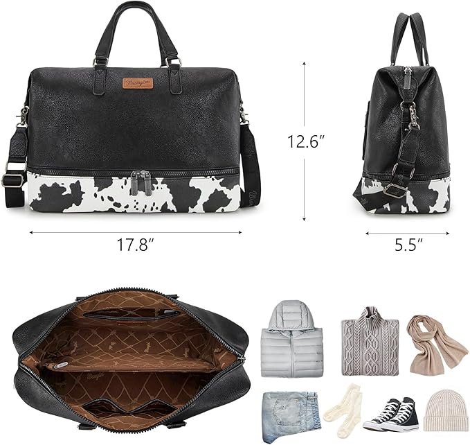 Wrangler Travel Duffel Bag Carry On Overnight Bag with Shoe Compartment Cow Print Weekender Bag for Women WG253-5110COW-BK