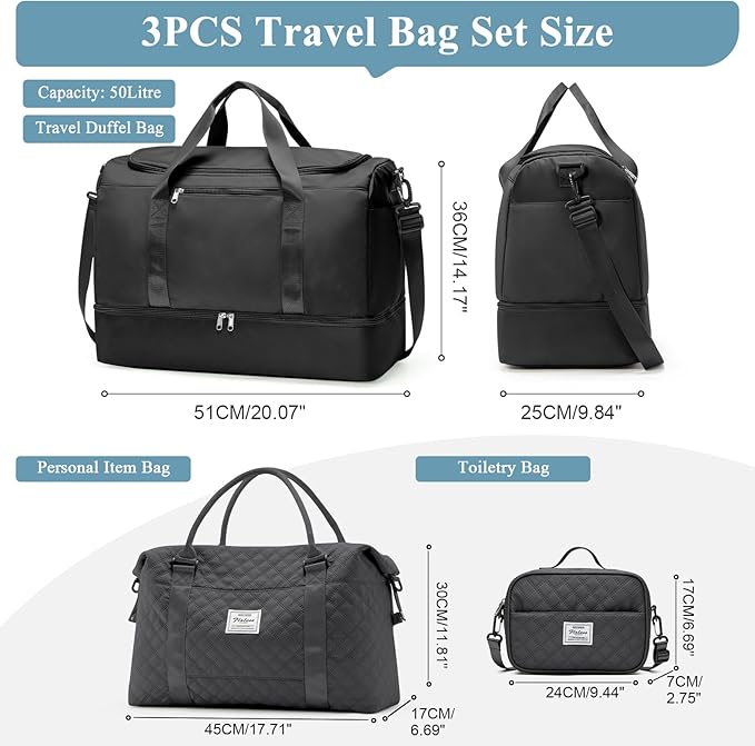 Large Travel Duffle Bag,Carry on Overnight Bag with Shoes Compartment,Weekender Bags for Women for Travel Business Trips Sport Hospital,3 Pcs Set,Black