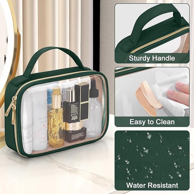 Wedama TSA Approved Toiletry Bag, 3 Pack Clear Makeup Bags with Handles, Quart Size Clear Toiletry Bags, PVC Cosmetic Bags for Women and Men, Carry on Airport Airlin (Dark Green, 3 Pack, Medium)