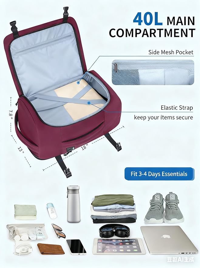 ECOHUB 40L Carry-On Travel Backpack, TSA-Friendly, Anti-Theft Water-Resistant Lightweight with 17.3″ Laptop Compartment, Durable PFAS-Free Rucksack, Red