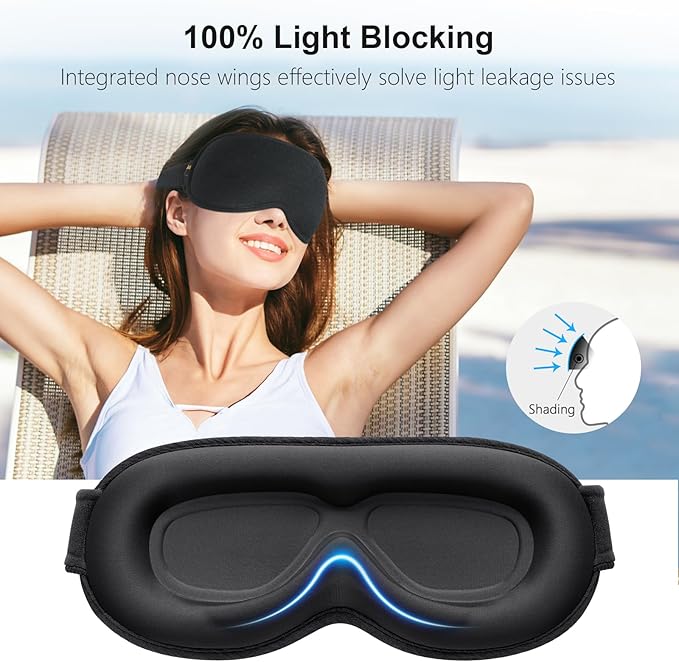 Gritin 100% Blackout Sleep Eye Mask for Women Men, Zero Pressure Sleeping Mask - Ergonomic Design 3D Cutout Eye Movement and Eyelash Friendly Night Blindfold, Ultra Soft Comfortable for Sleeping