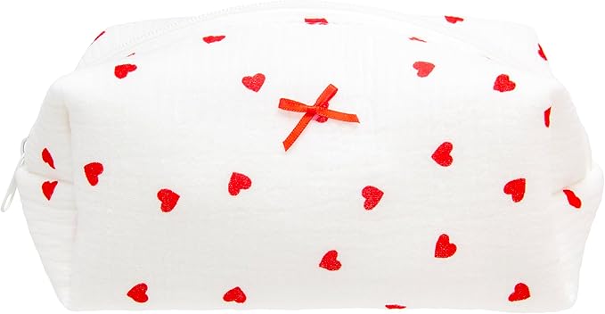 PAZIMIIK Cozy Makeup Bag Small Aesthetic Travel Zipper Cosmetic Pouch for Women Make Up Beauty Accessories Brushes,Heart Red