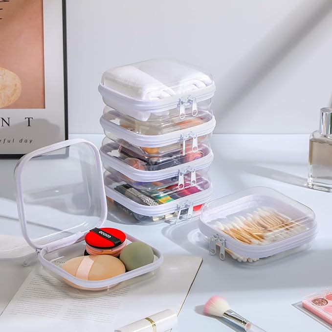 Sanwuta 6 Pcs Clear Hard Zipper Case Plastic Zipper Pouches Transparent Makeup Bag Pencil Case Pouches Toiletry Diaper Bag for Travel Toy Storage Organizer Bins(White,5 x 5 x 2 Inch)