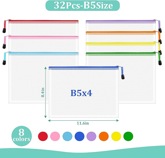 32pcs Mesh Zipper Pouch Bags, B5 Mesh Pouch, 8 Colors Zipper Pouches for Organizing, Puzzle Storage Bags, School Office Organize
