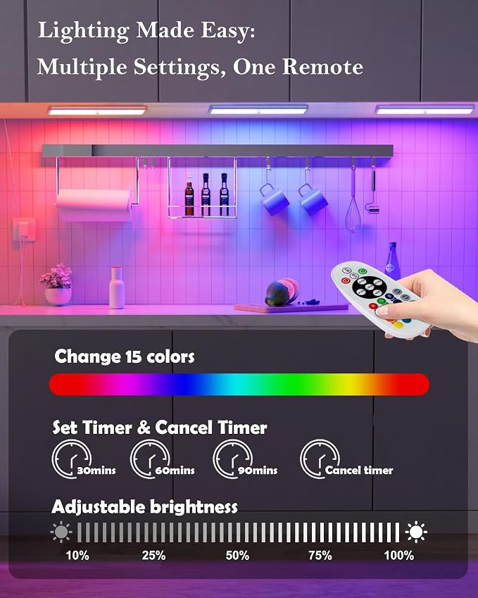 Under Cabinet Lighting Rechargeable 48-LED Wireless Under Cabinet Lights Remote, Kitchen Counter Lights Closet Lights RGB Perfect for Indoor Pantry Display Shelf 15 Color Changing(6 Packs)