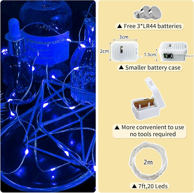 24 Pack Blue Fairy Lights Battery Operated, 7ft 20 LED Mini String Twinkle Lights for Easter Christmas Halloween Mason Jars Centerpiece Table Decorations (24, Blue)